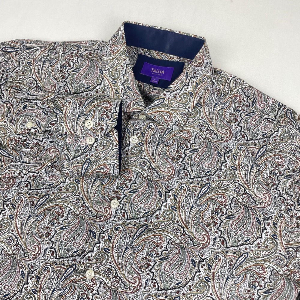 Tallia Mens Paisley Button Down Shirt Long Sleeve Cotton Blue Tan L 16.5 0645